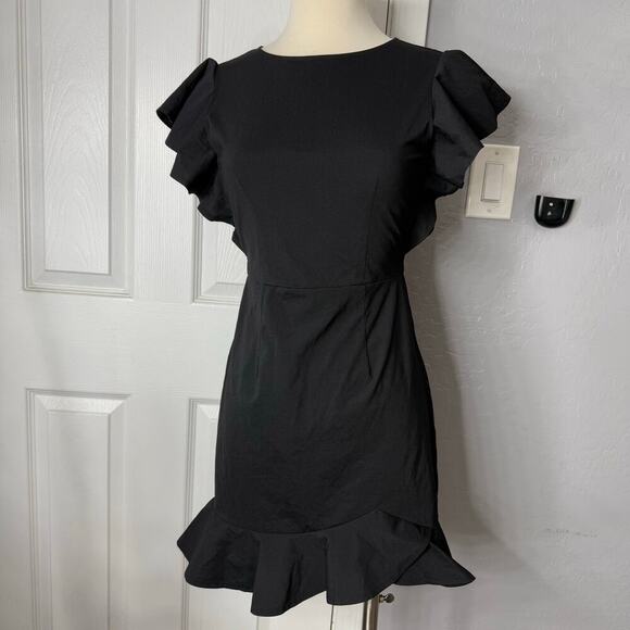 Women's Inslace Layered Ruffle Hem Flutter Sleeve Dress, Black, S - Picture 1 of 4